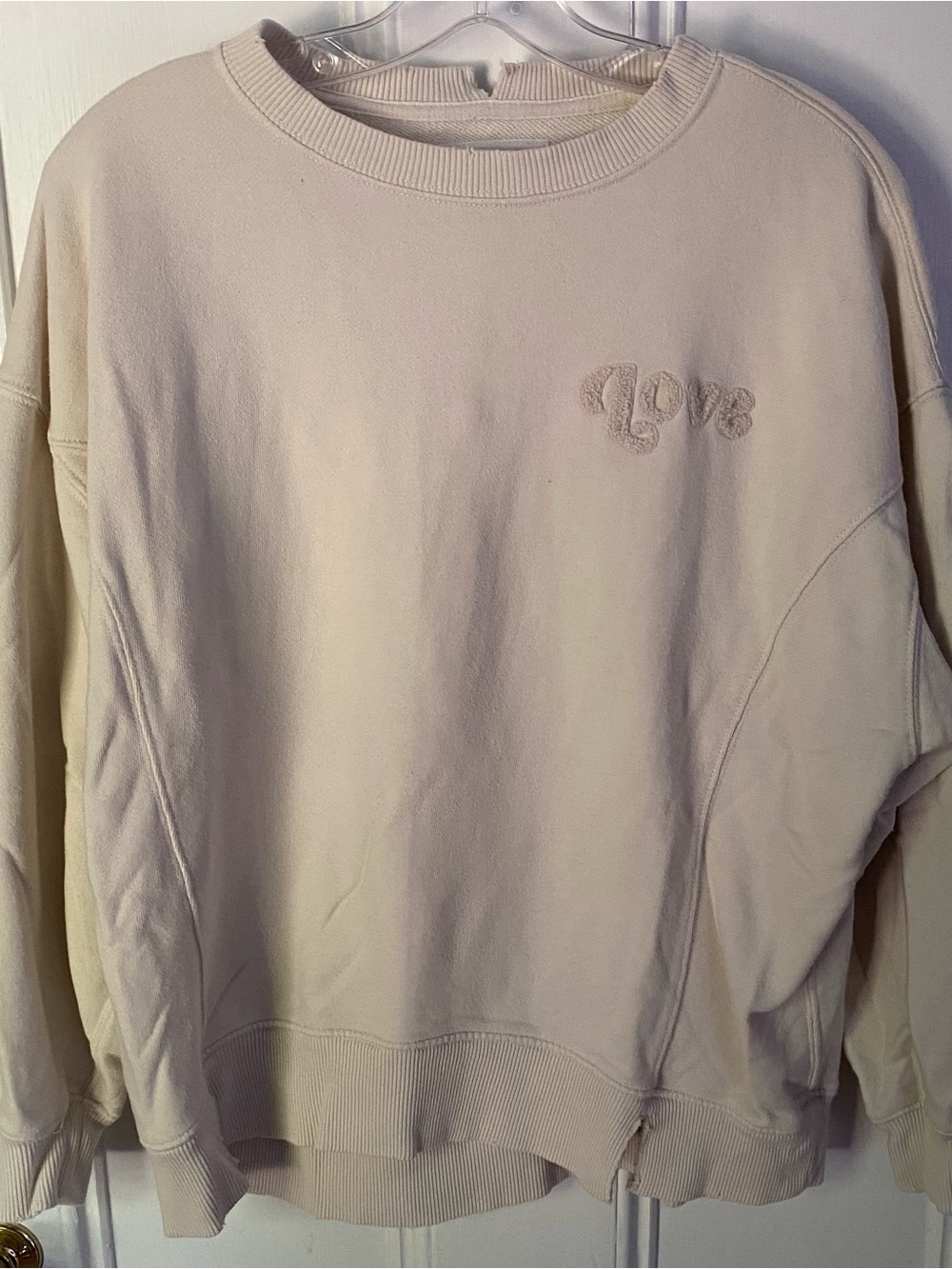 Aerie The Chill Sweatshirt Womens S “Love” Crewneck Cream Knit Distressed Terry